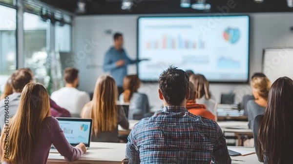 Fototapeta Group of diverse individuals attentively listening to a presentation in a modern conference room, with charts displayed on a large screen, showcasing professional development and teamwork