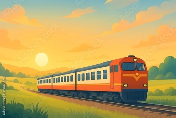 Fototapeta Vibrant sunset train journey through the countryside with rolling hills in the background