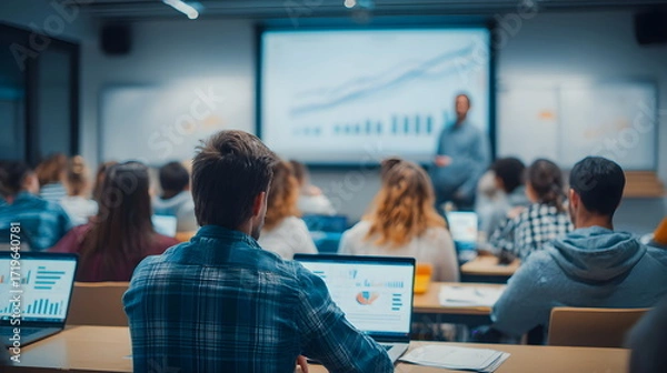 Fototapeta Group of diverse students attentively engaged in a classroom setting, focused on a presentation with charts and graphs displayed on a screen, enhancing learning experience