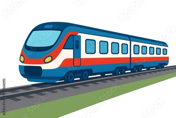 Fototapeta Colorful train traveling along railway tracks in a vibrant graphic design
