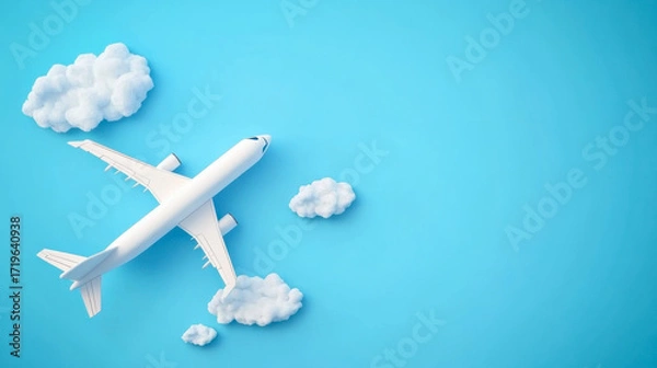 Fototapeta Flat lay design of travel concept with plane and cloud on blue background with copy space