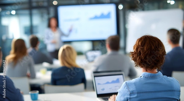 Fototapeta Group of diverse professionals attentively listening to a presentation in a modern office setting, with charts displayed on a screen, fostering collaboration and learning atmosphere