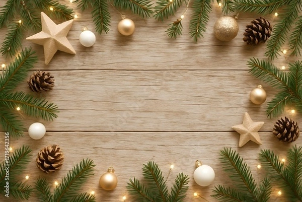 Fototapeta Festive holiday decorations with pine branches, ornaments, and lights arranged on a wooden surface