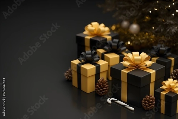 Fototapeta Christmas gifts arranged near a decorated tree with golden accents and pine cones on a dark surface
