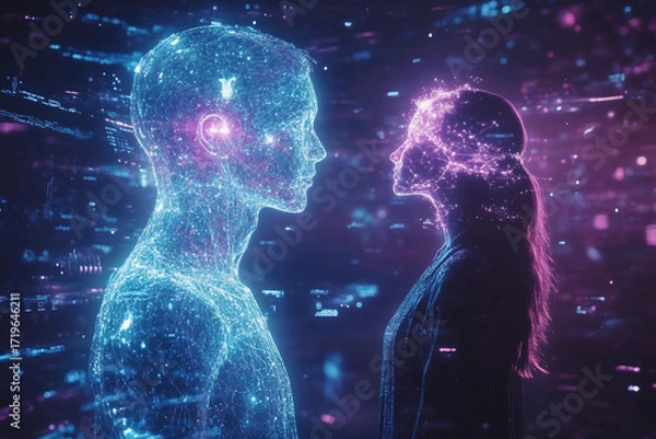 Fototapeta High-tech holographic human body representation futuristic medical identification data interface elements in generative AI