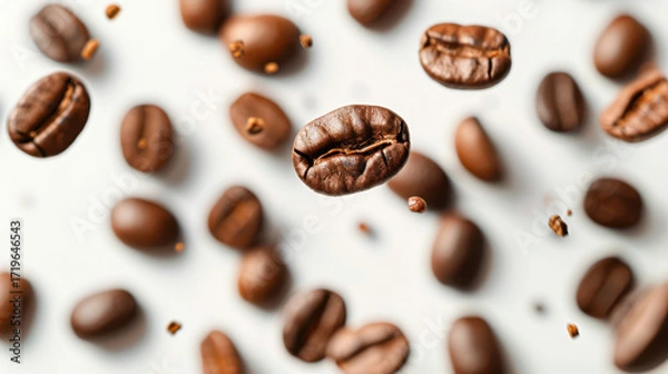Fototapeta Various falling fresh ripe Coffee beans on light white background, horizontal composition