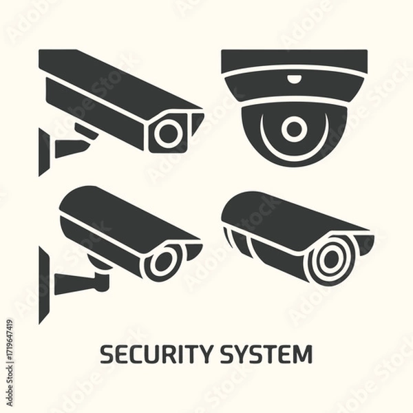 Fototapeta Vector art of set of four black security cameras, including dome and bullet types, mounted on walls, symbolizing surveillance and protection, with the text security system below