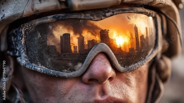 Fototapeta A soldier wearing scratched tactical goggles covered in dust. The reflection in his goggles shows a burning city with collapsing skyscrapers, raging fire, and black smoke filling the sky. 