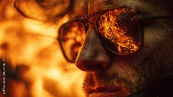 Fototapeta A close-up of a man wearing dark tinted glasses, with the reflection of a roaring fire dancing in the lenses. The flames flicker in shades of orange, red, and yellow, twisting like living creatures. 