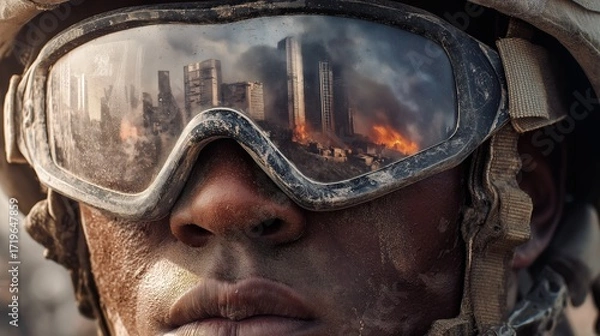 Fototapeta A soldier wearing scratched tactical goggles covered in dust. The reflection in his goggles shows a burning city with collapsing skyscrapers, raging fire, and black smoke filling the sky. 