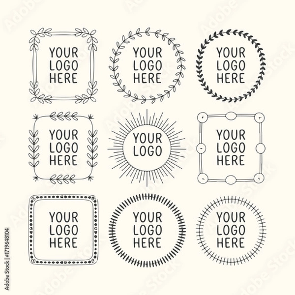 Fototapeta Vector art of collection of nine handdrawn decorative frames and borders in various shapes including circles and squares, perfect for branding and logos
