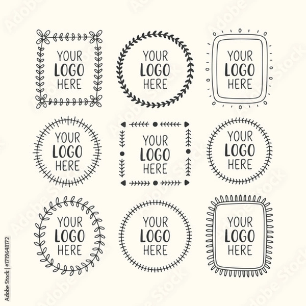 Fototapeta Vector art of collection of nine handdrawn decorative frames and borders with the text your logo here in the center, perfect for branding and design elements, isolated on a light background
