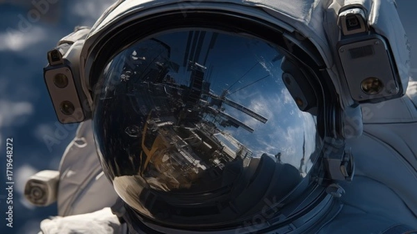 Fototapeta astronaut in helmet, reflection in visor shows huge futuristic space station orbiting Earth, sci-fi cinematic detail, ultra realistic 