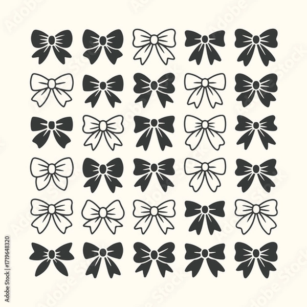 Fototapeta Vector art of a collection of 25 handdrawn bow tie illustrations in black and white, arranged in a grid on a cream background