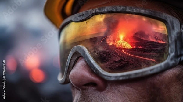 Fototapeta man wearing protective goggles near lava fields, reflection in goggles shows erupting volcano with molten lava and smoke, fiery cinematic atmosphere