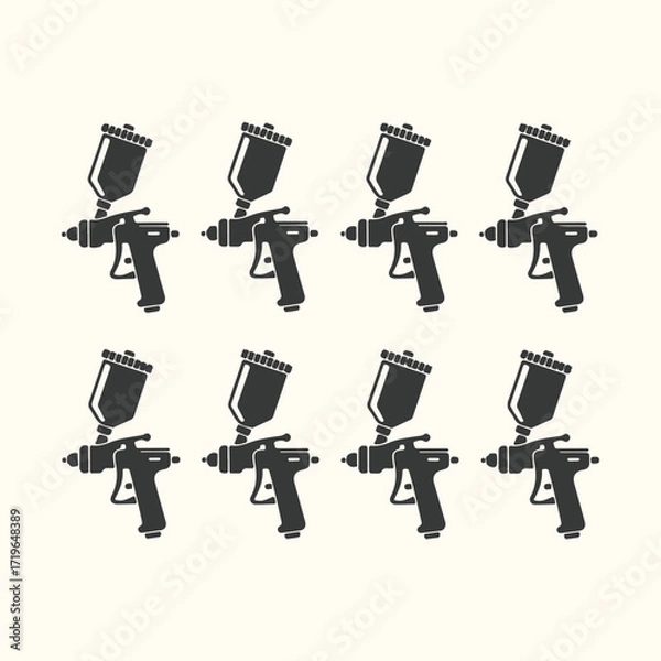 Fototapeta Vector art of a pattern of eight black spray paint guns, each with a cup on top, arranged in two rows of four against a light cream background, symbolizing industrial tools and manufacturing processes