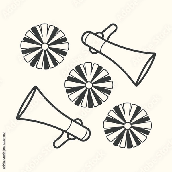 Fototapeta Vector art of a simple black and white line drawing of two cheerleading megaphones and three pompoms scattered on a light cream background, evoking a sense of school spirit and athletic events