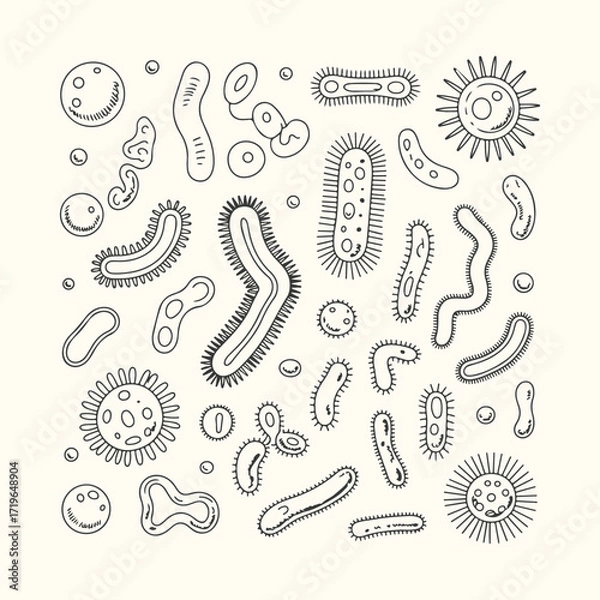 Fototapeta Vector art of a handdrawn illustration featuring a diverse collection of microscopic organisms, including bacteria, viruses, and other cellular structures, presented in a whimsical and artistic style
