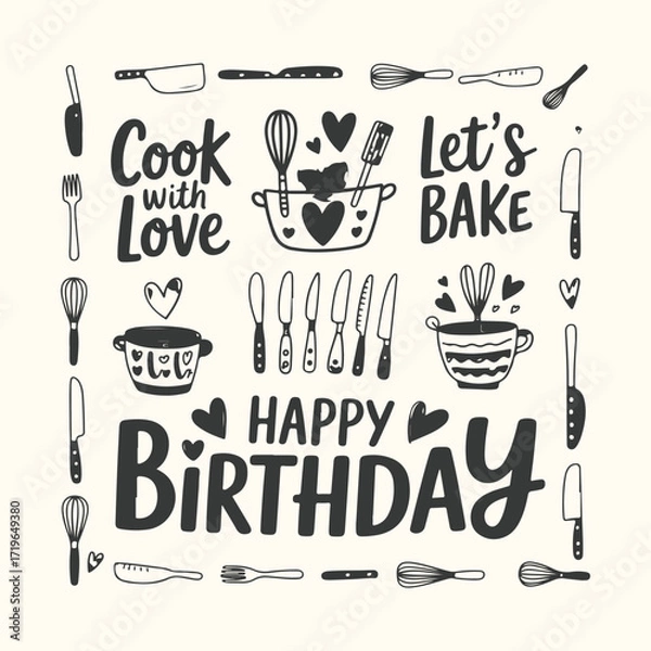 Fototapeta Vector art of happy birthday baking illustration with kitchen utensil, whisk, knife, fork, pot, and handwritten text