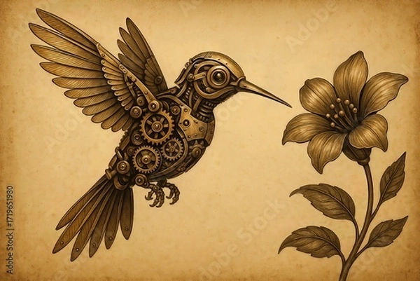 Obraz Steampunk Hummingbird With Clockwork Flower