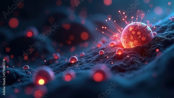 Fototapeta Abstract Visualization of Targeted Therapy Cells Under Microscope Light