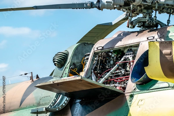 Fototapeta View of the main turbine engine and rotor of a military helicopter