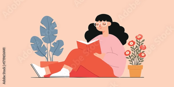 Fototapeta A serene woman engrossed in a captivating book, surrounded by the calming presence of potted plants, an image representing intellectual curiosity, relaxation, and the simple pleasures of life.
