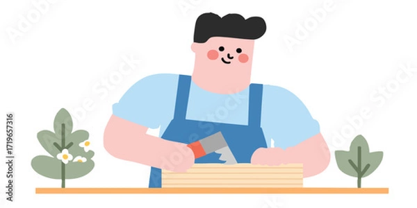 Fototapeta A skilled carpenter meticulously works on a wood plank, expertly shaping the material. The scene showcases the artisan's focus and dedication to the craft.