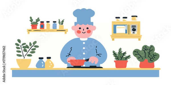 Fototapeta A charming cartoon chef diligently cooks in a well-equipped kitchen, his focused expression radiating passion and expertise, with lush plants providing freshness.