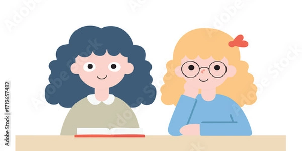 Fototapeta Two young girls, representing friendship, are captured in a delightful illustration. One girl is immersed in a book, and the other is leaning on her hand with a serene expression.