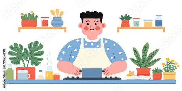 Fototapeta A smiling man attentively cooks in a kitchen, creating a delightful culinary scene featuring fresh ingredients and potted plants.