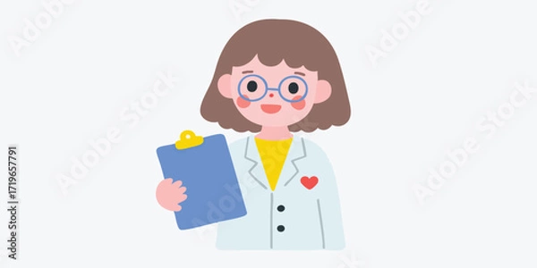 Fototapeta A kind and reassuring female doctor, wearing glasses and a lab coat, holds a clipboard with a compassionate smile, epitomizing healthcare and care in a friendly illustration.