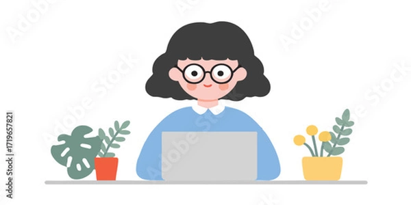 Fototapeta A charming illustration depicts a cheerful individual, engrossed in work at a desk adorned with flourishing plants, creating a welcoming and productive workspace.