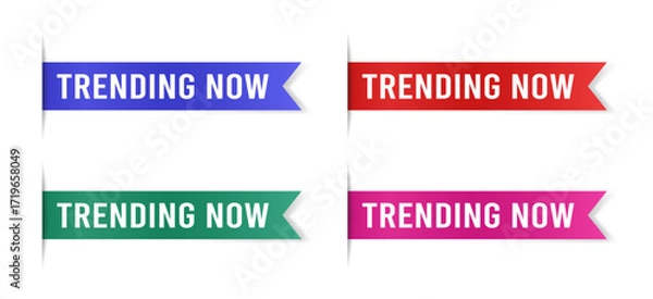 Fototapeta Vector set of flag-shaped bookmarks with “TRENDING NOW” text. Includes blue, green, red, and pink colors. Perfect labels for online shops, product highlights, and marketing design.