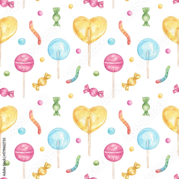 Fototapeta Seamless pattern of watercolor lollipops, candies, and gummy snakes. Round lollipops and heart-shaped candies. Festive background of pink, yellow, and blue candies for packaging, fabrics, greetings.