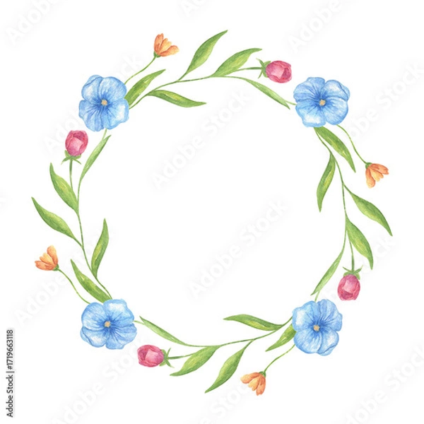 Fototapeta A round flower wreath with blue wild violets and pink roses. A watercolor frame with delicate wildflowers. A wreath of meadow flowers for greeting cards and wedding invitations.