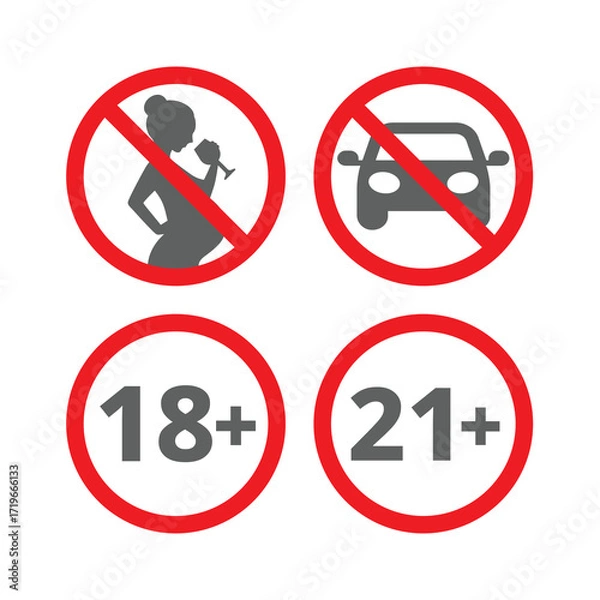 Fototapeta No drinking when pregnant or after using alcohol. Eighteen and twenty one plus age limit vector sign icon set.