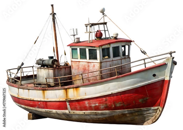 Fototapeta Aged Red And White Fishing Boat With Rusty Superstructure trawler vessel isolated on a transparent background
