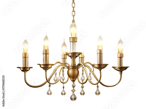 Obraz Antique Brass Chandelier with Crystal Drops and Flame Bulbs gold metal isolated on a transparent background