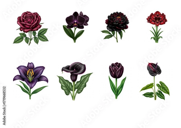 Fototapeta Collection of vibrant floral illustrations featuring various dark-hued flowers including roses, orchids, and tulips, showcasing intricate details and lush green leaves for design inspiration