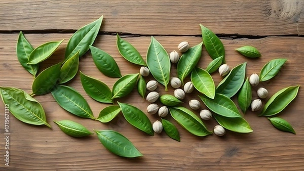 Obraz Fresh Tea Leaves on Rustic Wooden Surface Overhead View
