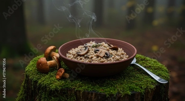 Fototapeta A steaming bowl of mushroom risotto sits atop a moss-covered tree stump in a misty forest, surrounded by wild mushrooms, evoking a serene, natural dining experience in the wilderness