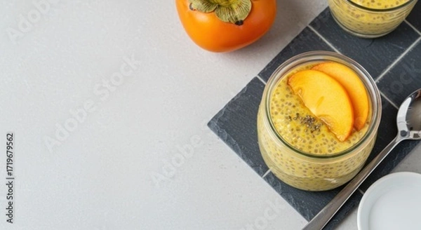 Fototapeta A beautifully arranged dessert featuring a glass jar filled with creamy chia seed pudding topped with fresh orange slices, accompanied by a spoon and a decorative persimmon, set on a slate board