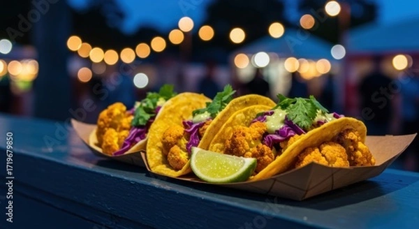 Fototapeta Three vibrant tacos filled with crispy cauliflower, purple cabbage, and fresh cilantro, garnished with lime, set against a blurred background of festive lights at an evening food market