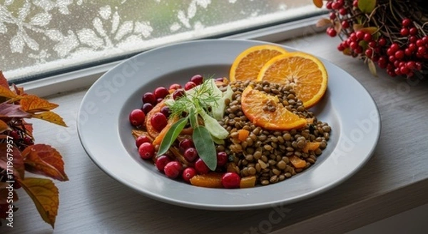 Fototapeta A vibrant plate of lentil salad garnished with fresh herbs, cranberries, and orange slices, beautifully arranged on a white dish by a window with frosty patterns, evoking a cozy dining atmosphere