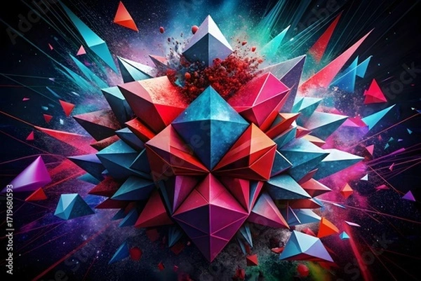 Fototapeta Vibrant Abstract Geometric Explosion with Crystalline Shapes in Red, Blue, and Teal on Cosmic Purple and Green Background