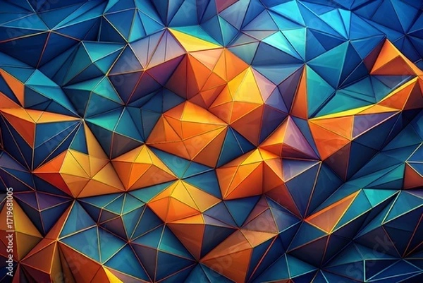 Fototapeta Vibrant Low-Poly Geometric Pattern with Blue and Orange Crystalline Facets and Dynamic Tessellated Design