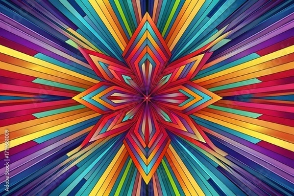 Fototapeta Vibrant Kaleidoscopic Starburst Pattern with Multicolours Radiating Rays and Gradient Bands