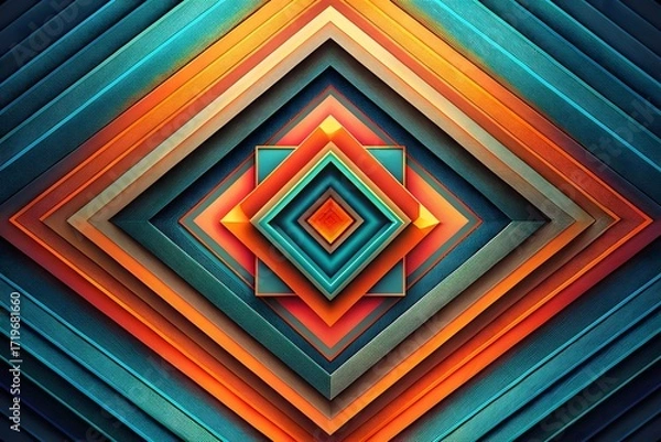 Fototapeta Symmetrical Concentric Diamond Pattern with Vibrant Teal, Orange, and Red Layers Abstract Design