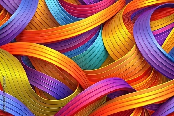 Fototapeta Vibrant Abstract Digital Artwork with Overlapping Flowing Ribbons in Warm and Cool Gradient Colours